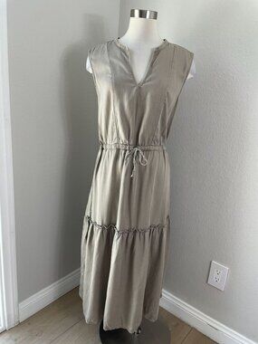 Lands End Womens XL Sleeveless Tiered Maxi Dress Beige Lyocell Split V Neck